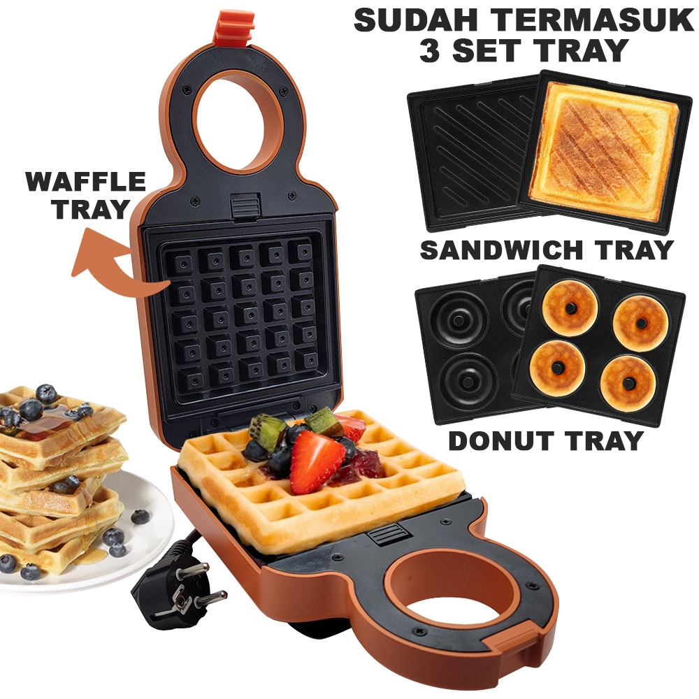Alat Pembuat Sandwich Maker dengan 6 Pasang Aksesoris Breakfast Machine Multifungsi Lengkap - 3 in 1 Pemanggang Roti Toaster, pembuat donat dan waffle S631