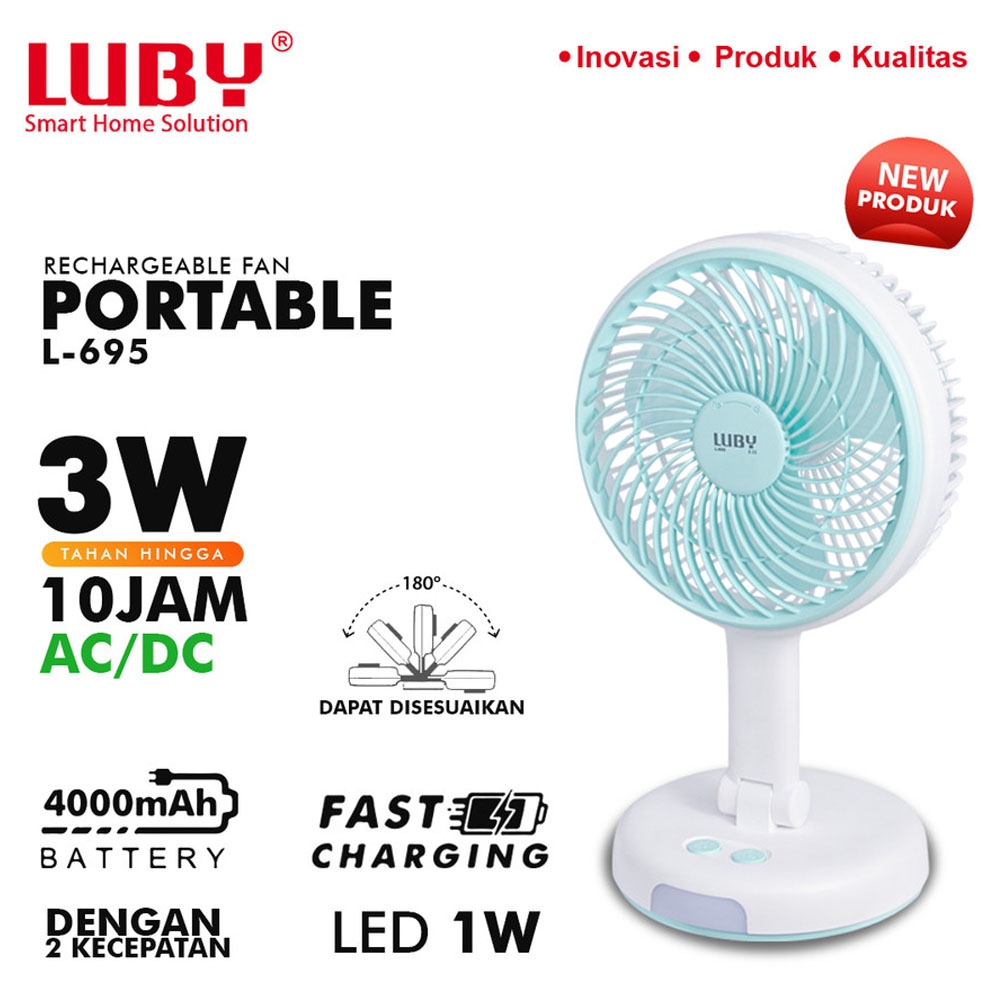 Kipas lampu LED Rechargeable besar Portable Luby L-695 Pendingin Ruangan bisa di charge kipas meja gantung 4000Mah