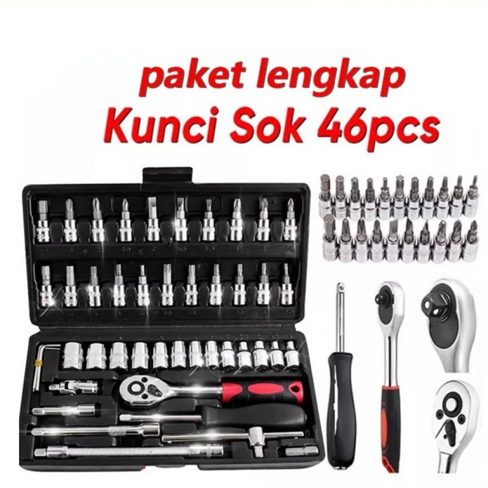 Kunci Sok Set 46 pcs Socket Wrench Mata Obeng dilengkapi Box Penyimpanan - Kunci L Set Lengkap Kunci Sok Pas Set Tool Mobil Motor / Universal Lengkap