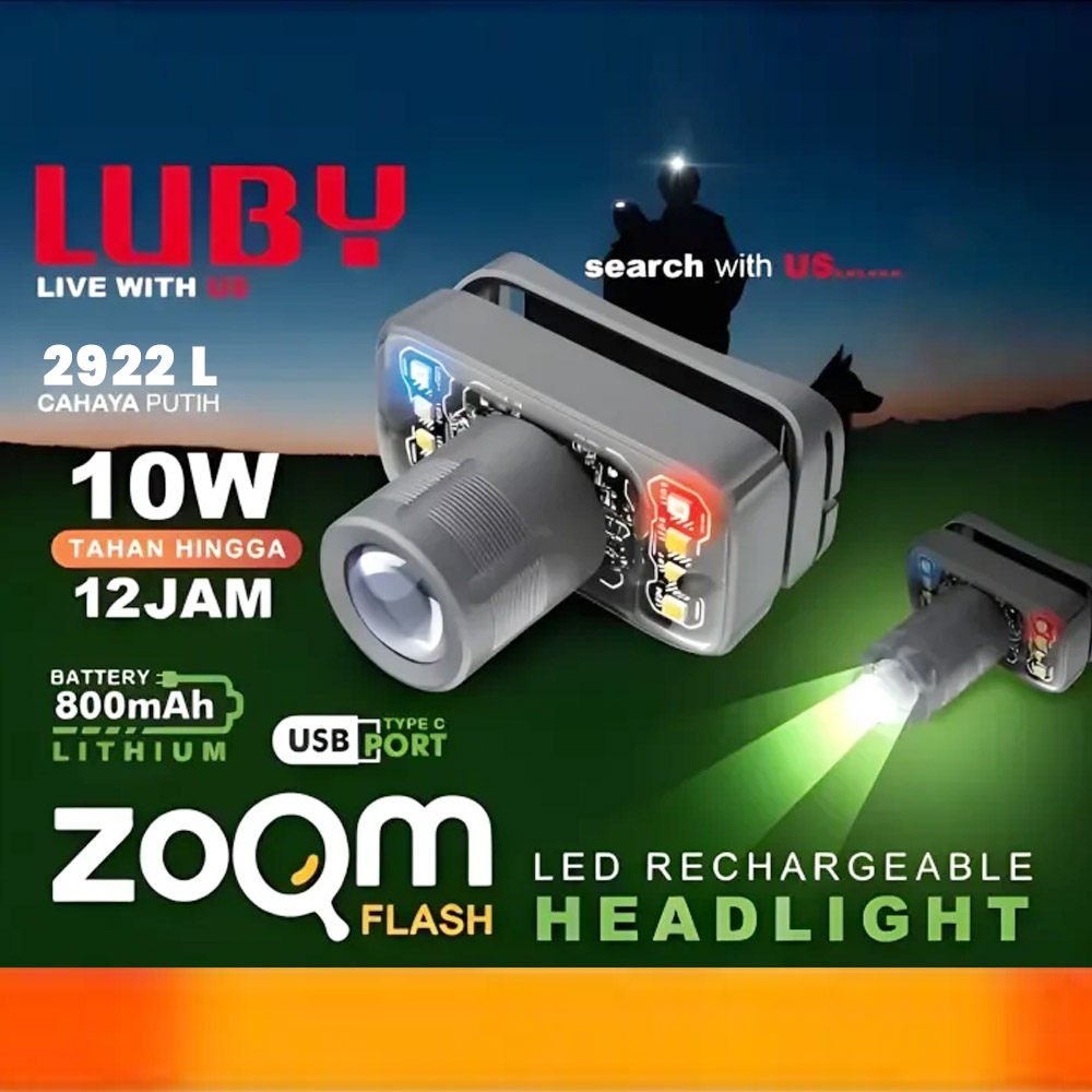 Lampu senter kepala rechargeable headlight LUBY 2922L 5 mode cahaya zoom in zoom out