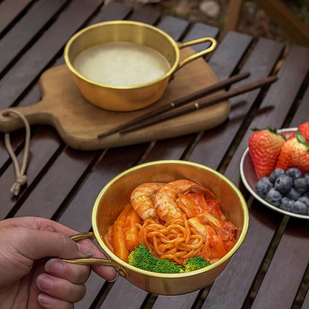 Panci / mangkok Korea 1 paket isi 2 pcs 13 dan 14 cm bahan Stainless SUS 304 warna GOLD dengan gagang pegangan serbaguna untuk masak ANTI KARAT AMAN UNTUK MAKANAN properti foto makanan