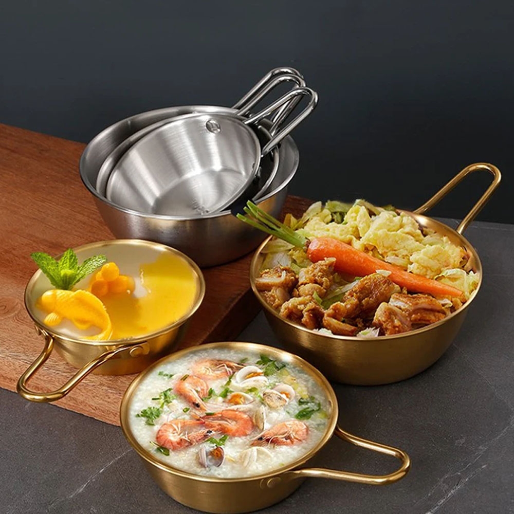 Panci / mangkok Korea 1 paket isi 2 pcs 13 dan 14 cm bahan Stainless SUS 304 warna SILVER dengan gagang pegangan serbaguna untuk masak ANTI KARAT AMAN UNTUK MAKANAN properti foto makanan