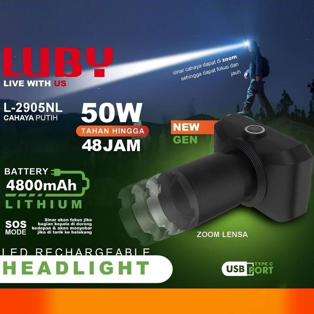 Senter Kepala Zoom Luby L2905 50W Super Terang dengan 3 Mode pemakaian dan dapat mengatur lebar cahaya lengkap dengan strap bisa dicharge