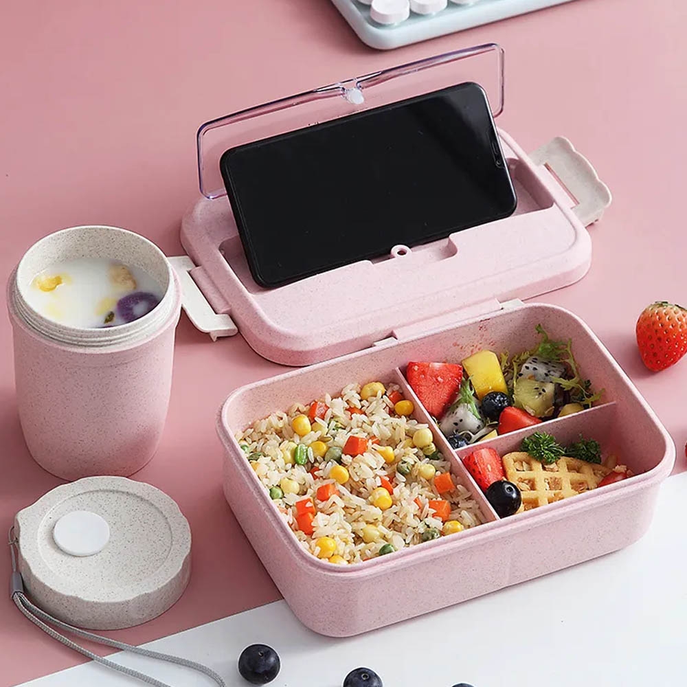 Tempat Makan Set kotak makan bekal lengkap dengan alat makan sendok sumpit model minimalis tiga sekat - lunch box kotak TM232