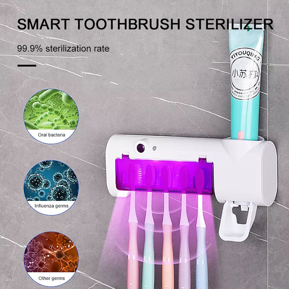 Tempat Sikat Gigi & Dispenser Odol Anti Bakteri Disinfeksi UV light - Smart Multifunction Toothbrush Sterilizer