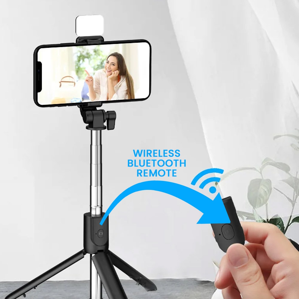Tongsis Selfie Tripod Lampu LED Bluetooth 4 In 1 dengan remote control S12R1S / Selfie Stick Portable Flexible lampu flash LED/ tripot mini stick remot selfi blutut tomsis